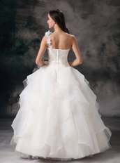 White A-line One Shoulder Organza Puffy Wedding Dress Cheap Low Price