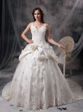 Ivory Princess V-neck Puffy Lace Bridal Gown Custom Made Low Price