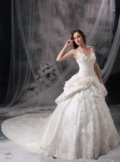 Ivory Princess V-neck Puffy Lace Bridal Gown Custom Made Low Price