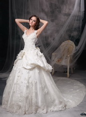 Ivory Princess V-neck Puffy Lace Bridal Gown Custom Made Low Price