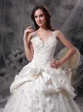 Ivory Princess V-neck Puffy Lace Bridal Gown Custom Made Low Price