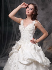 Ivory Princess V-neck Puffy Lace Bridal Gown Custom Made Low Price