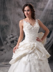 Ivory Princess V-neck Puffy Lace Bridal Gown Custom Made Low Price