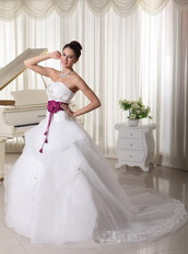 Organza Beautiful Puffy Skirt Weding Dress With Magenta Sash Low Price