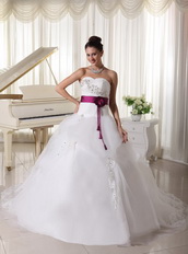 Organza Beautiful Puffy Skirt Weding Dress With Magenta Sash Low Price