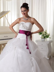 Organza Beautiful Puffy Skirt Weding Dress With Magenta Sash Low Price