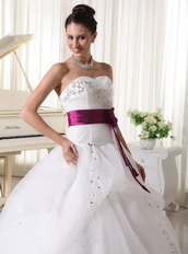 Organza Beautiful Puffy Skirt Weding Dress With Magenta Sash Low Price