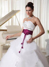 Organza Beautiful Puffy Skirt Weding Dress With Magenta Sash Low Price