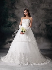 Lace And Net Hand Made Flowers Wedding Dress With Chapel Train Low Price