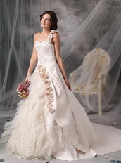 One Shoulder Champagne Wedding Gown With Handmade Flowers Low Price