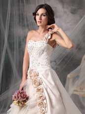 One Shoulder Champagne Wedding Gown With Handmade Flowers Low Price