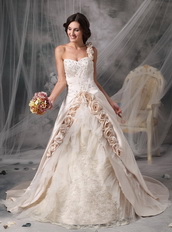 One Shoulder Champagne Wedding Gown With Handmade Flowers Low Price