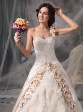 One Shoulder Champagne Wedding Gown With Handmade Flowers Low Price