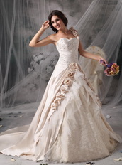 One Shoulder Champagne Wedding Gown With Handmade Flowers Low Price