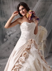 One Shoulder Champagne Wedding Gown With Handmade Flowers Low Price