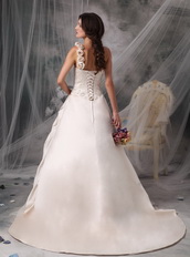 One Shoulder Champagne Wedding Gown With Handmade Flowers Low Price