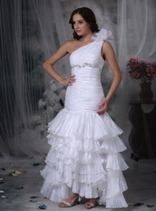 White Mermaid One Shoulder Wedding Dress High Low Layers Low Price