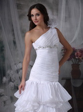 White Mermaid One Shoulder Wedding Dress High Low Layers Low Price