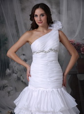 White Mermaid One Shoulder Wedding Dress High Low Layers Low Price