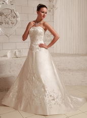 Satin Embroidery Over Bodice A-line Wedding Dress With Court Train Low Price