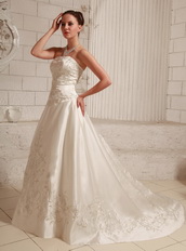 Satin Embroidery Over Bodice A-line Wedding Dress With Court Train Low Price