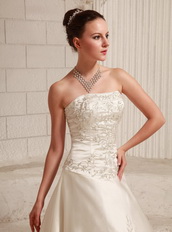 Satin Embroidery Over Bodice A-line Wedding Dress With Court Train Low Price