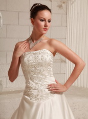 Satin Embroidery Over Bodice A-line Wedding Dress With Court Train Low Price
