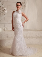 Lace Hand Made Flower Sheath Modest Slim Wedding Dress With Halter Low Price