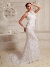 Lace Hand Made Flower Sheath Modest Slim Wedding Dress With Halter Low Price