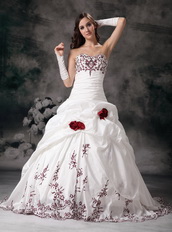 White Sweetheart Bridal Wedding Dress With Wine Red Embroidery Low Price