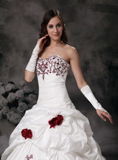 White Sweetheart Bridal Wedding Dress With Wine Red Embroidery Low Price