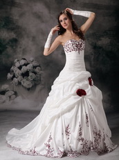 White Sweetheart Bridal Wedding Dress With Wine Red Embroidery Low Price