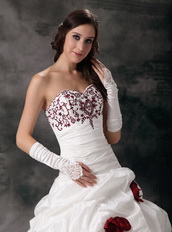 White Sweetheart Bridal Wedding Dress With Wine Red Embroidery Low Price