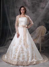 Strapless Ivory Wedding Dress And Jacket With Golden Embriodery Low Price