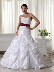 White Chapel Train Wedding Dress With Wine Red Belt Low Price