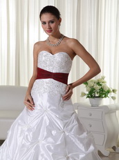 White Chapel Train Wedding Dress With Wine Red Belt Low Price