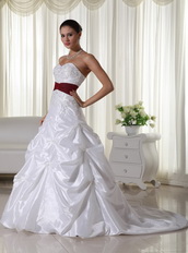 White Chapel Train Wedding Dress With Wine Red Belt Low Price