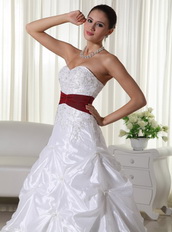 White Chapel Train Wedding Dress With Wine Red Belt Low Price