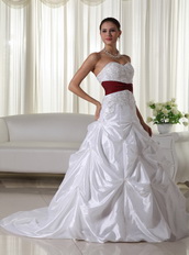 White Chapel Train Wedding Dress With Wine Red Belt Low Price