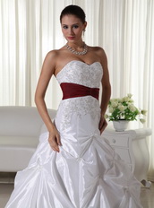 White Chapel Train Wedding Dress With Wine Red Belt Low Price