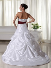 White Chapel Train Wedding Dress With Wine Red Belt Low Price