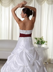 White Chapel Train Wedding Dress With Wine Red Belt Low Price