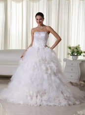 Luxurious Embroidery Feather Wedding Dress With Chapel Train Low Price