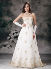 Affordable Ivory Wedding Dress With Champagne Lace Decorate Low Price