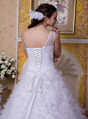 One Shoulder Puffy Affordable Bridal Dress Sample Sale Low Price