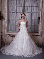 Gorgeous Strapless Taffeta and Lace Appliques Wedding Dress Chapel Train Low Price