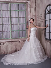 Gorgeous Strapless Taffeta and Lace Appliques Wedding Dress Chapel Train Low Price