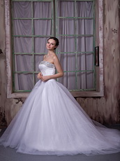 Simple Strapless Chapel Train Puffy Wedding Dress Made By Net Low Price