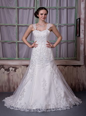 Luxurious Wide Straps Appliques Wedding Dress With Beads Emberllish Low Price