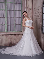 Luxurious Wide Straps Appliques Wedding Dress With Beads Emberllish Low Price